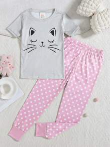2 件套青少年女孩舒适睡衣套装，圆领可爱猫咪印花短袖波尔卡圆点长裤，舒适家居服套装 - 灰色 - 查看 1