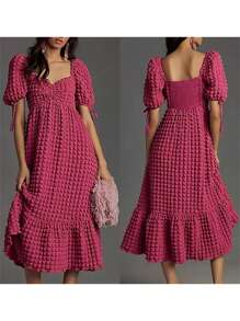 Women's Puff Sleeve Midi Dress Bubble Textured Smocked Sweetheart Neck Ruffled Flowy Dress - Hot Pink - View 3