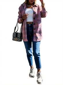 Women Fashion Long Sleeve Plaid Top Casual Lapel Cardigan Coat For Shopping Daily Wear