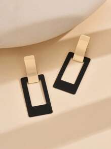 2pcs Black Geometric Square Metal Clip-On Earrings For Women, Long Piercing-Free Casual Wear - Clip - View 4