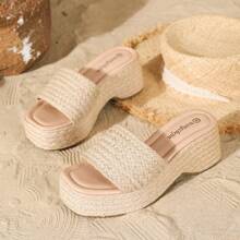 Women's Casual Comfortable Wedge Thick Rope Bottom Summer Slides - Beige - View 5