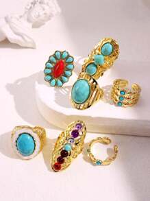 7 件套时尚复古绿松石金色戒指套装，女士珠宝配饰，日常佩戴 - 彩色 - 查看 2