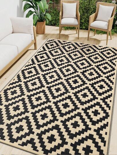 Waterproof Outdoor Rug, 5x8 Ft, Reversible Plastic Grass Patio Carpet For Garden, Camping, RV, Suitable For Yard, Patio, Balcony, Outdoor Entrance, Backyard, Bench, Picnic, Camping, Pool Deck, Black And Beige