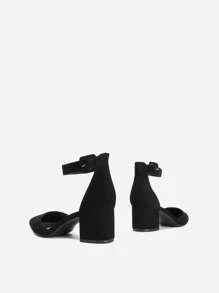 Women Pointed Toe Low Chunky Heels Pumps Ankle Strap Elegant Versatile Simple Shoes