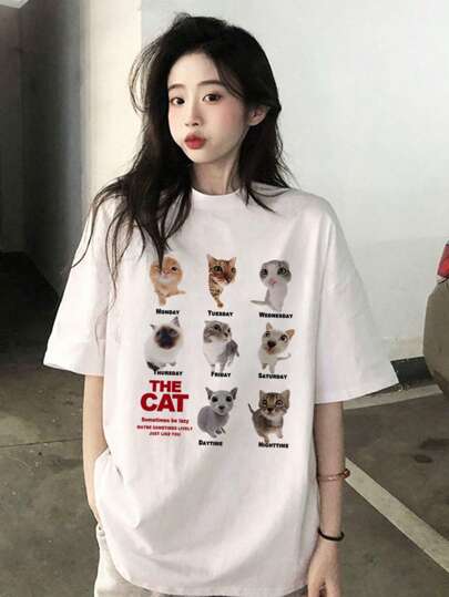 女士休闲可爱猫咪印花圆领短袖 T 恤，新款夏季款式