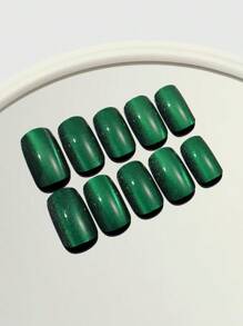 24 Peças Unhas Falsas Quadradas de Olho de Gato Verde Reutilizáveis para Manicure, Unhas Adesivas, Suprimentos de Unhas - Verde - Visão 3