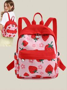 Girls Cute Strawberry Printing Backpack, Daily Mini Sweet Daypack For Teenagers And Students, Patchwork Design Women Double Shoulder Bag, School Backpack - Pink - View 2