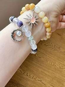 2Pcs/Set Matching Sun & Moon Charms Stone Beads Bracelets For Couples Best Friend, Matching Heart Charm Bracelets Gifts For Couples Friendship Jewelry To Sister Bestie Long Distance Gift For Bf Gf - Multicolor - View 3