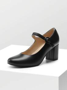 Women's Mary Janes Chunky Heel Pumps Round Toe Solid Color Comfortable Party Wedding Dress Shoes - 黑色 - 查看 5