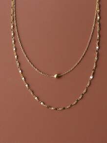 Stainless Steel Waterproof Non-Fading Gold Double-Layer Necklace With Round Bead & Lip Pendant, Suitable For Women's Daily Wear - Gold - View 3