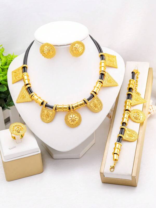5pcs/Set Fashion 24k Gold Plated Middle East Women Black Rope Choker Necklace Earrings Ring Pendant Jewelry Sets For Wedding Bridal Party Gift Jewellery