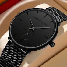 1 件 HANNAH 时尚黑色不锈钢网状表带防水男士手表，中心小秒针商务石英男士手表，适合日常商务会议和派对场合 - 黑色 - 查看 12