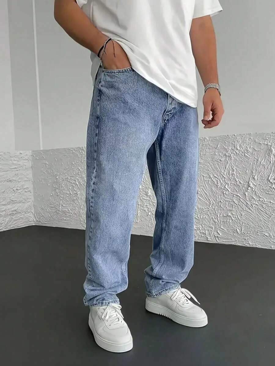 Vaqueros de color liso con bolsillos inclinados para hombre de Manfinity - Azul - Ver 1
