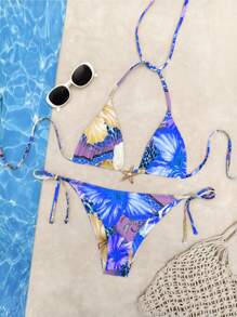 Swim Vacation Cute Summer 2pcs Halter Random Floral Print Metal Starfish Decor & High Cut Bottoms Bikini Set, Beach Vacation - Leopard - View 6