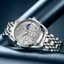 1pc GUANQIN Waterproof Luminous Watch With Rhinestones Calendar Dial Wear-Resistant Stainless Steel Strap Fashion Business Luxury Sporty Classic Simple Casual Mechanical Style Men Automatic Quartz Watch Suitable For Valentine's Day,Festivals,Dating,Business, Daily,Gifts - Silver - View 8