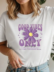 T-shirt casual a maniche corte con collo tondo, grafica floreale e slogan "GOOD VIBES ONLY", magliette grafiche da donna