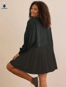 大码女式 Eleanor 运动衫裙，圆领长袖运动拼布褶皱套头连衣裙，秋冬