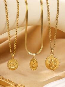 3pcs Stainless Steel Vintage Necklace Set, Moon, Star & Eye Pendant Design, Suitable For Women's Daily Wear Or Gift - Yellow Gold - View 2