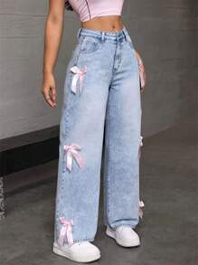 Women's Loose Fit Casual Denim Pants With Bowknot Decorated Pockets - Màu xanh nhạt - Xem 4