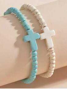 2 件女士友谊手链，绿松石和绿松石珠串珠手链，波西米亚风相配手链，适合最好的朋友 - cross - 查看 5