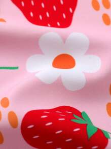 可爱优雅的幼儿泳衣，柔软舒适，草莓花卉印花拼色荷叶边拉链长袖连体泳衣，带蝴蝶结装饰帽，适合夏季泳池、海滩、度假 - 彩色 - 查看 5