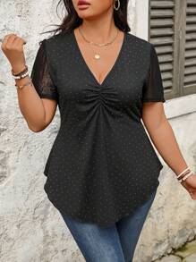 Women's Lace Patchwork Short Sleeve V-Neck Top With Silver Decor - Black - View 1