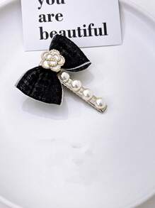 1 件优雅法式复古山茶花和珍珠装饰织物蝴蝶结点缀发夹、侧刘海发夹配件 - 彩色 - 查看 7