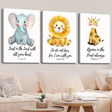 3 件无框帆布印刷装饰画，卡通动物，诺亚方舟，可爱风格，圣经诗篇丛林，林地动物装饰，室内家居墙壁装饰艺术