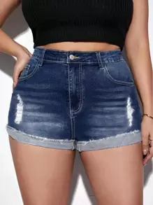 Pantalones Cortos de Mezclilla Desgastados y Elegantes para Mujer - Cintura Alta, Detalles Rasgados, Mezcla de Rayón No Elástico, Perfectos para Primavera/Verano - Azul - Ver 1