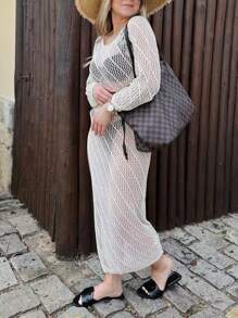 女士圆领透视长袖泳衣罩衫上衣连衣裙夏季节日派对女士服装