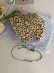 1pc Teenage Girl Sweet Straw Hat With Ribbon Decor, Versatile Bucket Hat Design For Sun Protection, Spring/Summer - Straw Bucket Hat - View 6