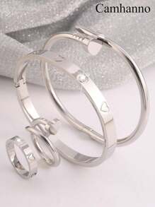 Camhanno 4 Pieces Of Exquisite, Gorgeous And Elegant, Atmospheric And Fashionable Stainless Steel Love Nail + Bracelet + Ring Set Is Suitable For Daily Wear, Holiday Girlfriends - Silver - View 12