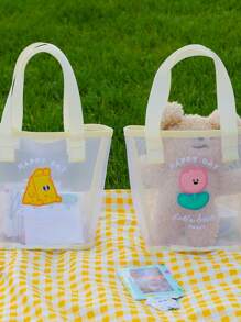1pc Minimalist Fashion Korean Style Cartoon Transparent Net Tote Bag, Cute Small Bear Portable Handbag For Girls, Beach Bag, Mini Size - Apricot - View 6