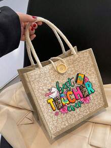 Túi vải lanh in chữ hoa "Best Teacher" (Người thầy tuyệt vời nhất), quà tặng Ngày Nhà giáo, túi tote in hình có thể tái sử dụng, túi tote đi làm hàng ngày. - Màu Khaki - Xem 2