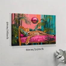 1pc Framed Canvas Poster, Cheetah Sleeping Under A Disco Ball Pink Wall Art Canvas Paintings, Ideal Gift For Bedroom Living Room Corridor, Wall Art, Room Decoration - Multicolor - View 9
