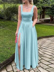 ZANZEA Women Summer Square Neck Sleeveless High Waist Split Tank Sundress Holiday Party A-Line Swing Long Dress - 綠色 - 查看 1