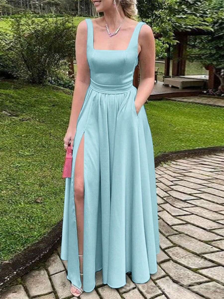ZANZEA Women Summer Square Neck Sleeveless High Waist Split Tank Sundress Holiday Party A-Line Swing Long Dress - 綠色 - 查看 1