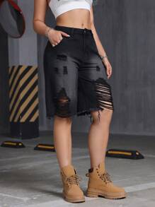 Jeans capri casuales de corte relajado con efecto desgastado y degradado en negro - Negro - Ver 3