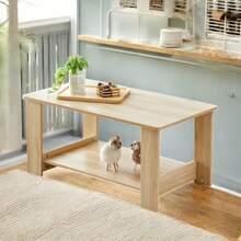 Mesa de centro rectangular de doble capa estilo minimalista moderno - Mesa de té en color de madera, hecha de material MDF duradero. Ideal para sala de estar, dormitorio y sala de estudio, con dimensiones de 35.4"*19.6"*16.5", modelo CT - 16
