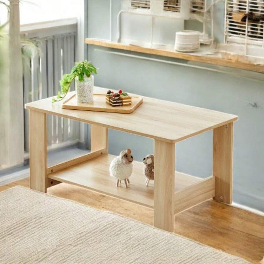 Mesa de centro rectangular de doble capa estilo minimalista moderno - Mesa de té en color de madera, hecha de material MDF duradero. Ideal para sala de estar, dormitorio y sala de estudio, con dimensiones de 35.4"*19.6"*16.5", modelo CT - 16