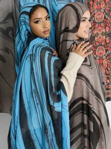 1PC Women's Scarves Bohemian Watercolor Veil Hijab,Autumn Head Scarf,Suitable For Daily Wear - Blue and Black - View 2