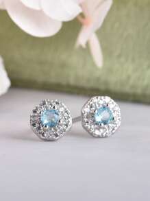 ITSMOS Topaz Earrings Blue Ear Studs Crystal Tiny Diamond Natural Gemstone Round Halo Earrings For Women Mother Gift