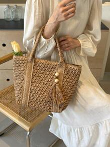 1pc Holiday Straw Shoulder Bag, Fashionable Woven Beach/Picnic Tote Bag With Tassel Decor, Casual Handmade Woven Bag Suitable For Gifts, Perfectly Matching With Vacation Outfits Women - Khaki - View 11