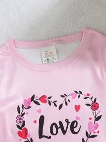 2pcs Girls Snug Fit Pajama Set, Round Neck Floral Wreath & Heart Print Short Sleeve Top And Long Pants, Comfy Holiday Loungewear - Pink - View 4