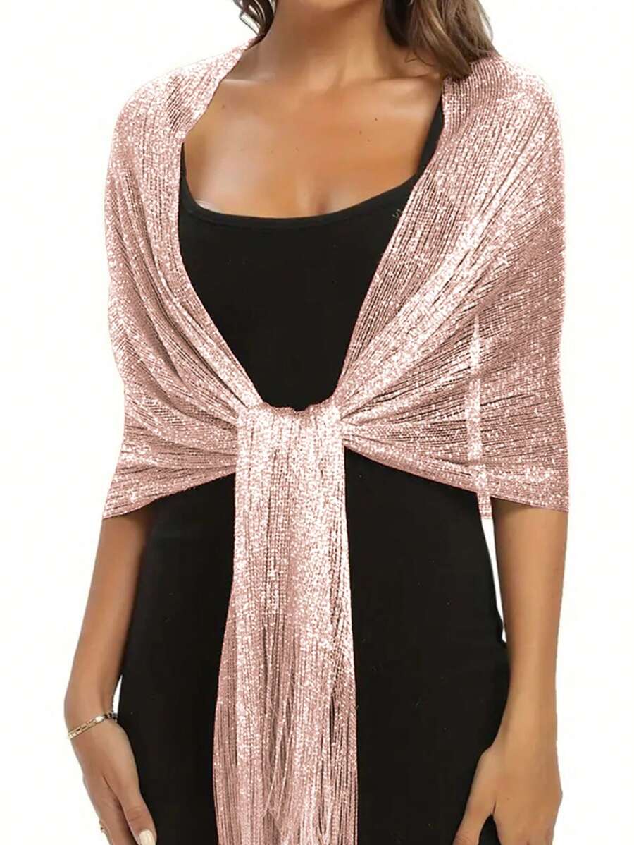 Khăn choàng kim loại lấp lánh màu hồng nhạt có khóa tròn, khăn choàng tua rua thoáng khí thanh lịch dành cho nữ, váy dự tiệc, khăn choàng ngoài - Màu Hồng baby - Xem 1