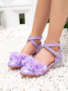 新款儿童高跟鞋，紫色丝绸花朵镂空交叉带公主鞋，透明高跟女童高跟鞋 - 紫色 - 查看 5