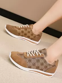 女士平底运动鞋，皮革鞋面，透气软底，轻便跑鞋，时尚百搭休闲运动鞋，四季皆宜 - 棕色 - 查看 4