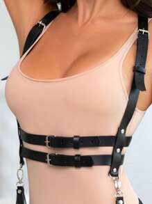 1pc Women's Black PU Leather Belt, Minimalist Fashion Double-Layer Body Cincher, Adjustable Gothic Waist Belt, Stylish Punk Belt, Fashionable Accessory