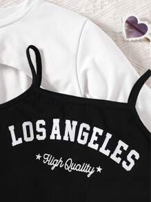 3 件套女童春夏时尚长袖连帽披肩和字母印花吊带背心和百褶裙，早春返校季最佳礼物