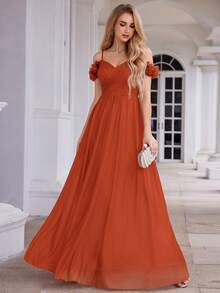 Đầm phù dâu màu cam cháy, thanh lịch, bóng bẩy, họa tiết hoa, hở vai, dây mảnh, thiết kế hở lưng, phù hợp cho tiệc cưới mùa xuân hè, tiệc tối trang trọng. - Màu Cam cháy - Xem 5